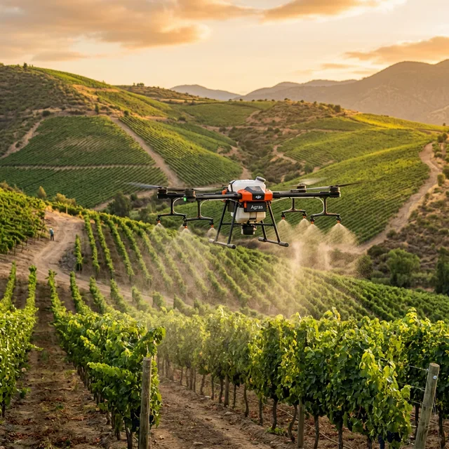 Dron agrícola fumigando viñedo en ladera chilena