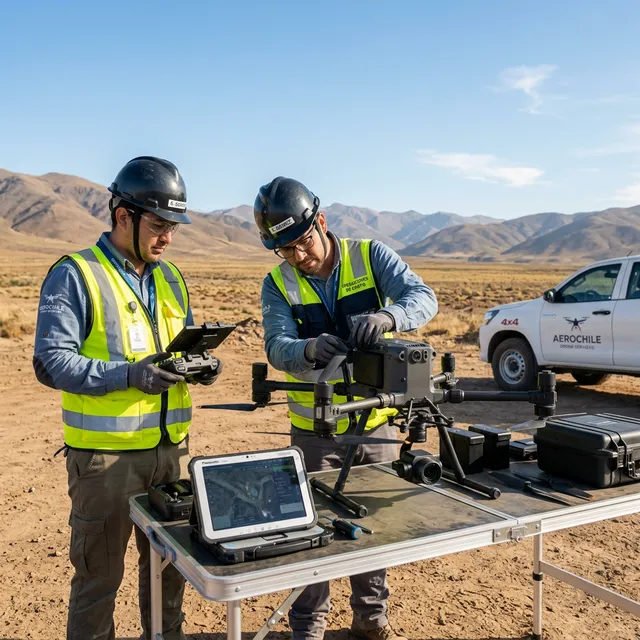 Equipo de pilotos de dron ConDron preparando DJI Matrice en terreno