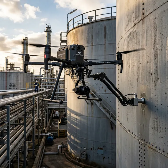 Dron Matrice 400 con sensor ultrasónico midiendo espesor de tanque API 653