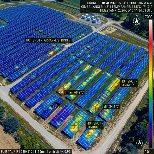 Imagen térmica infrarroja de planta solar con hotspots