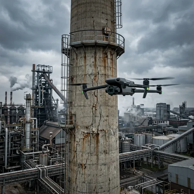Dron Mavic 4 Pro inspeccionando chimenea industrial detectando corrosión