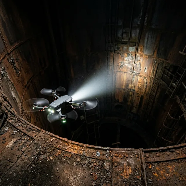 Dron DJI Neo con luces LED volando dentro de silo industrial para inspección