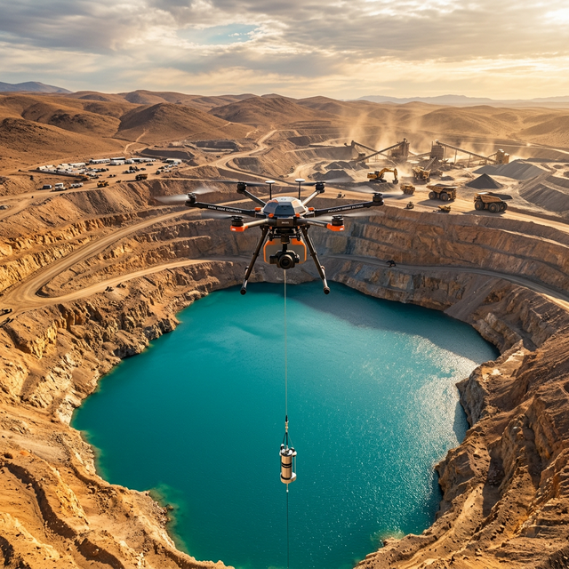 Dron DJI FlyCart 30 tomando muestras de agua en pitlake minero