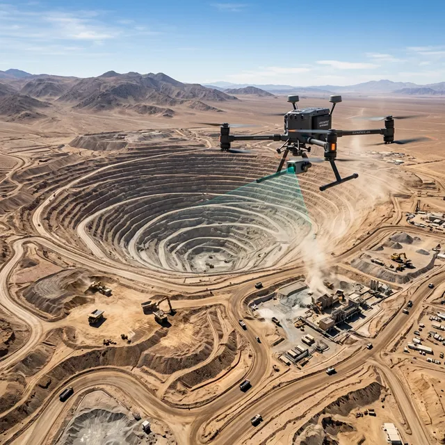 Dron DJI Matrice 400 con sensor LiDAR sobrevolando mina de cobre en Atacama Chile